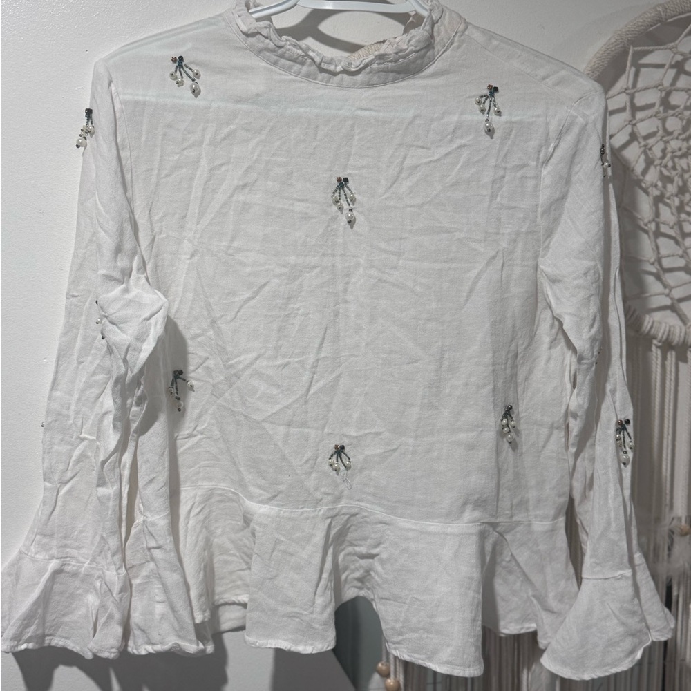 Zara White Ruffled Peplum Blouse with Mandarin Collar